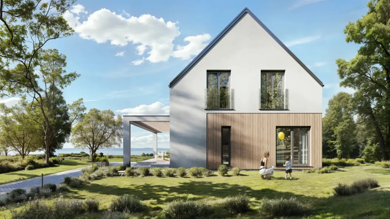 Moderne woning met witte gevel en houten bekleding in een groene omgeving