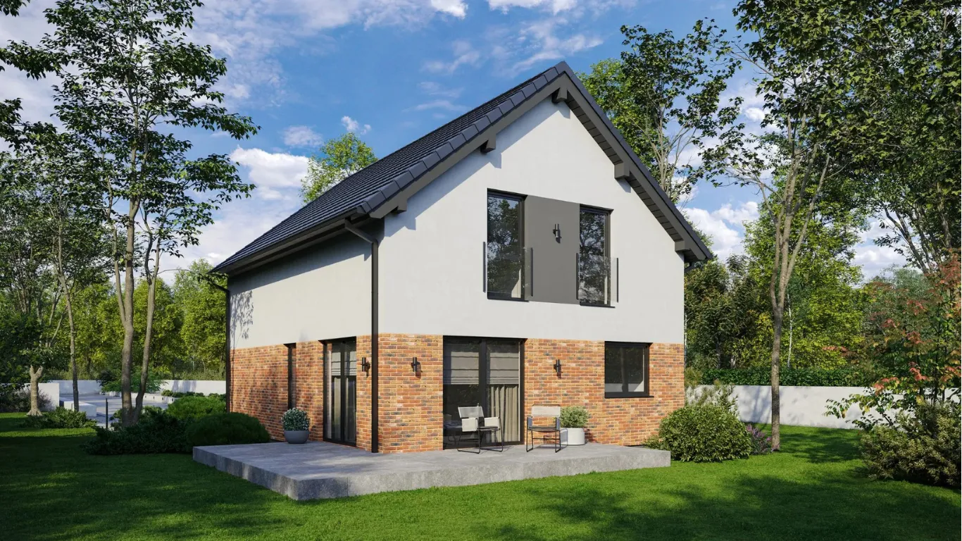 Moderne woning met terras en tuin en bakstenen en witte gevel