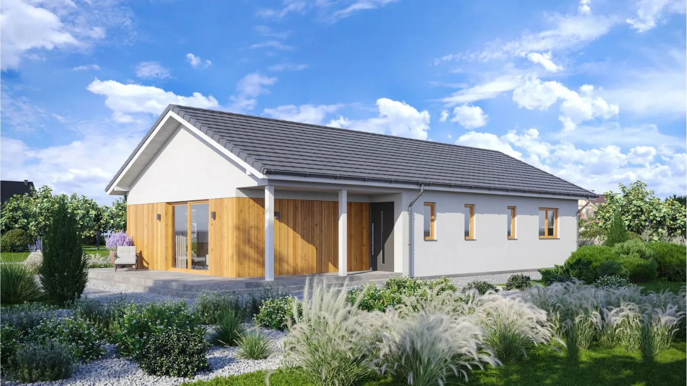 Gelijkvloerse prefab woning met overkapping en tuin