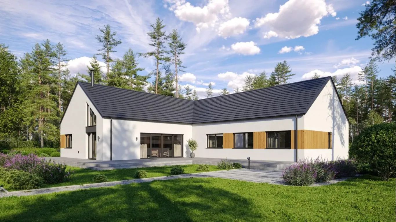 L-vormige prefab woning met moderne gevel en tuin