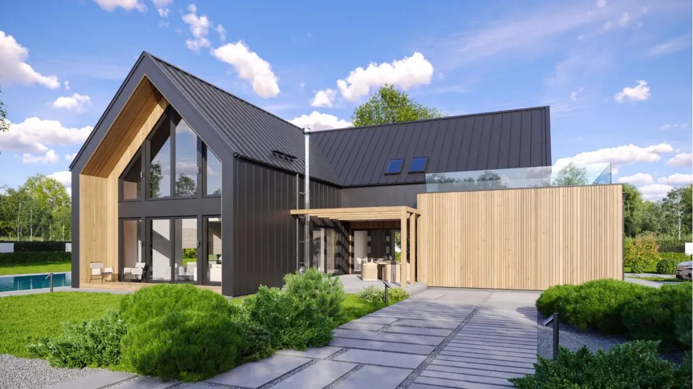 Luxe prefab woning met moderne architectuur en grote ramen