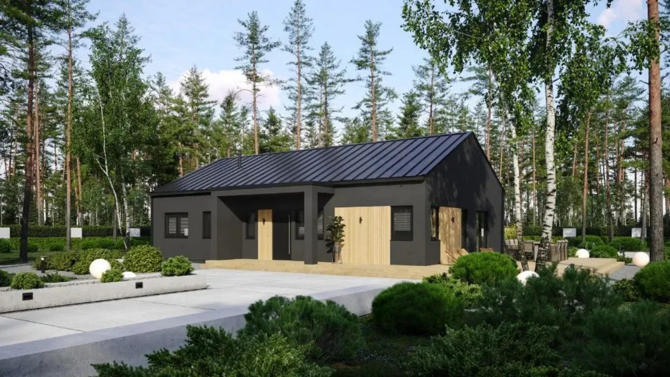 Moderne prefab bungalow met donkere gevel en houten accenten