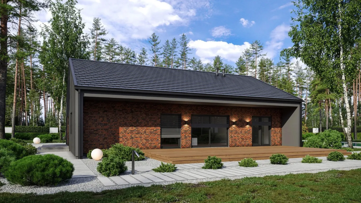 Prefab woning met bakstenen gevel en terras