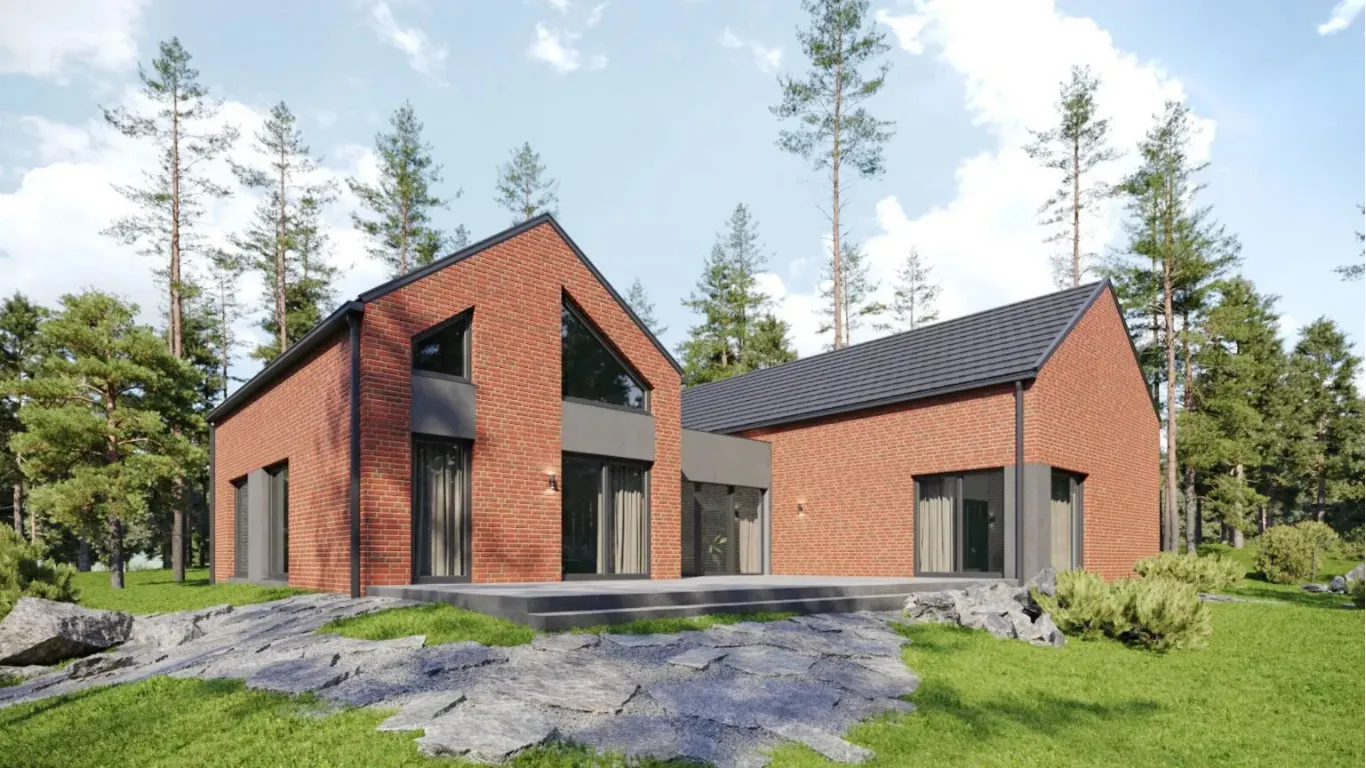 Moderne prefab woning met bakstenen gevel en grote ramen