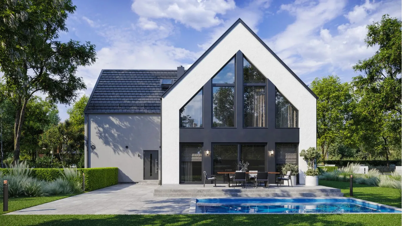 Moderne woning met grote raampartijen en strakke vormgeving