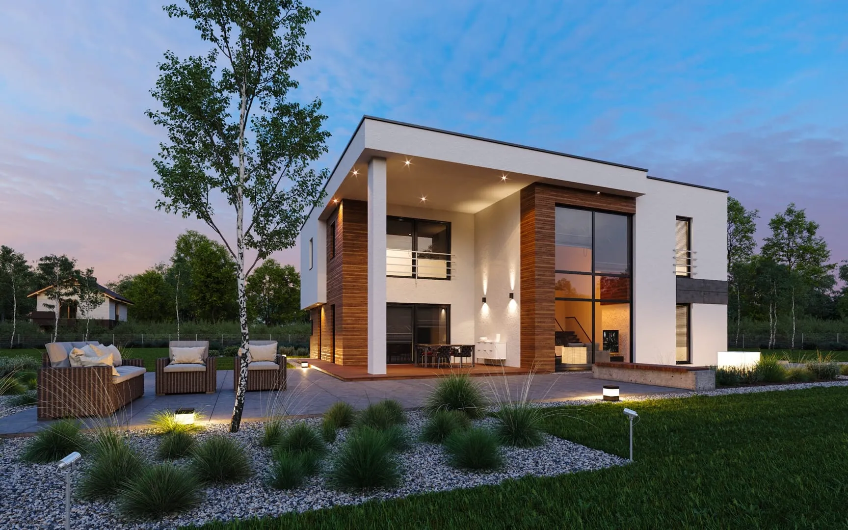 Moderne prefab villa met grote glaspartijen en luxe uitstraling