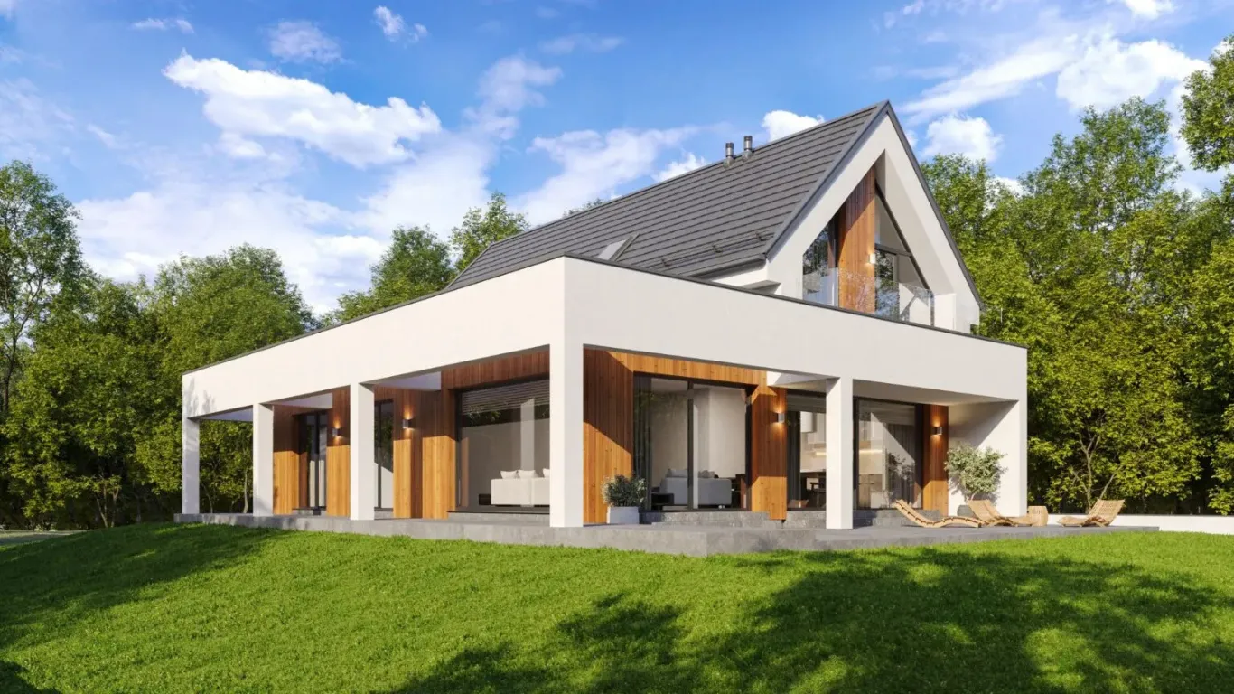 Prefab woning met overdekt terras en houten accenten