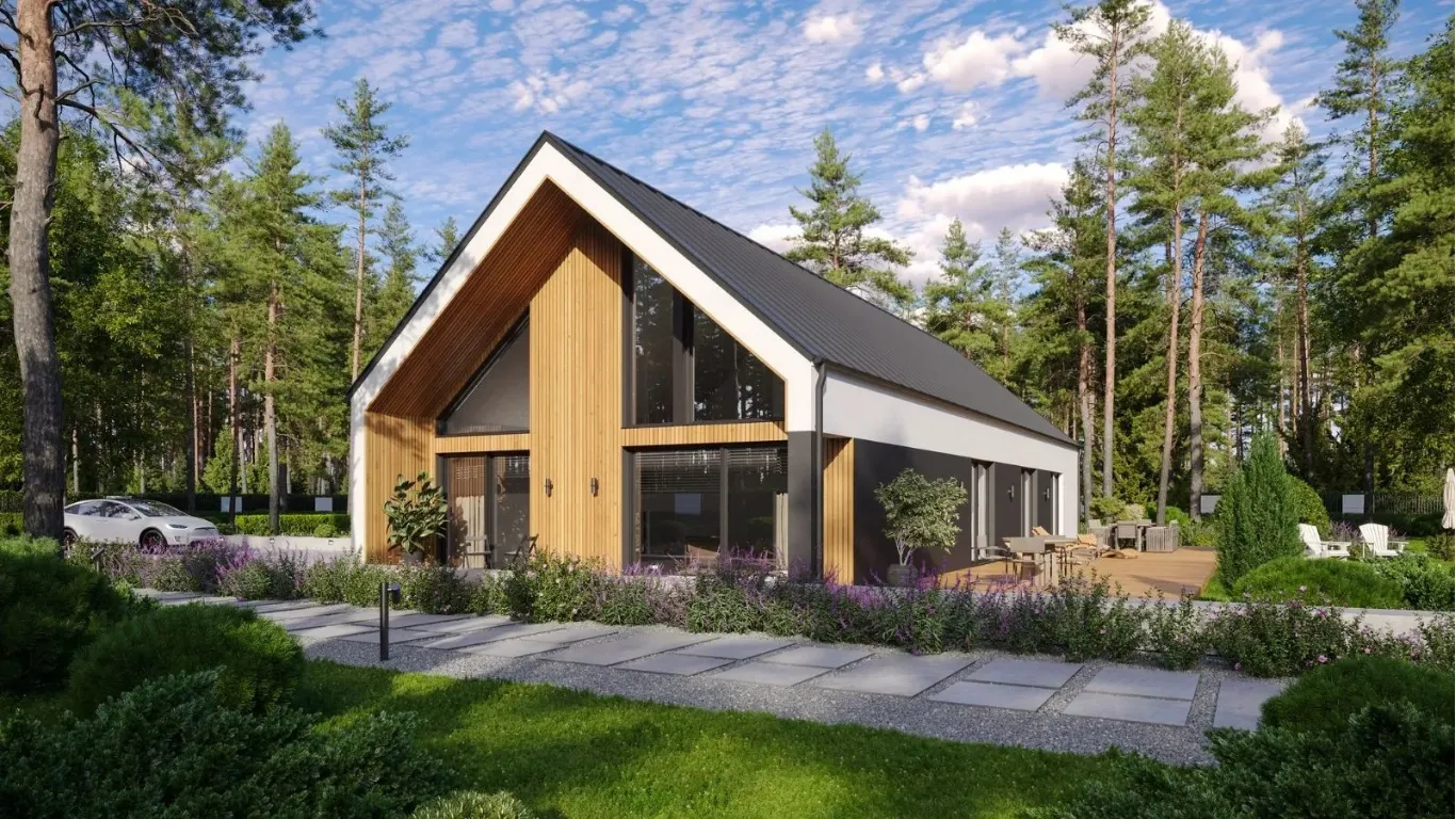 Prefab woning met hoge ramen en houten gevel