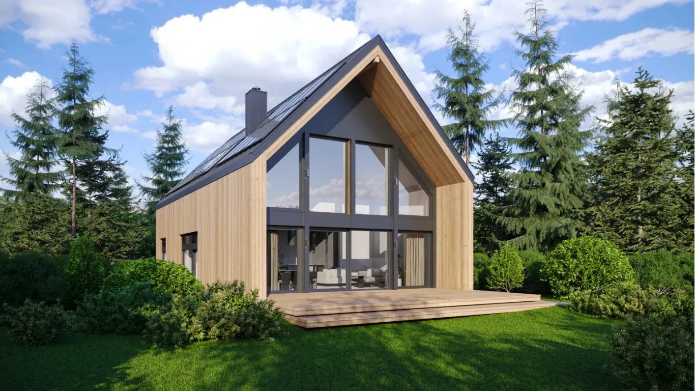 Prefab woning met houten gevel in een natuurlijke omgeving